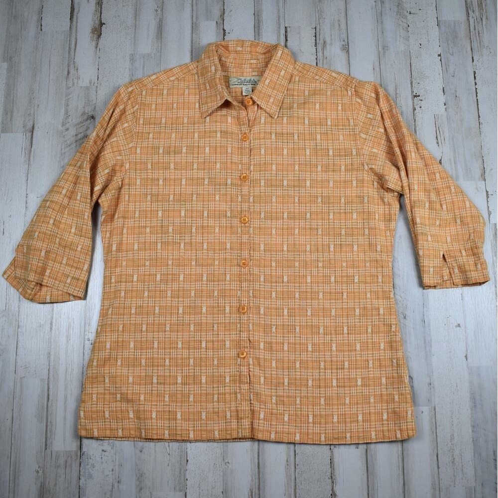 Cabela's Button Up Shirt Women's Medium Orange Plaid 3/4 Sleeve 100% Cotton Y2K
